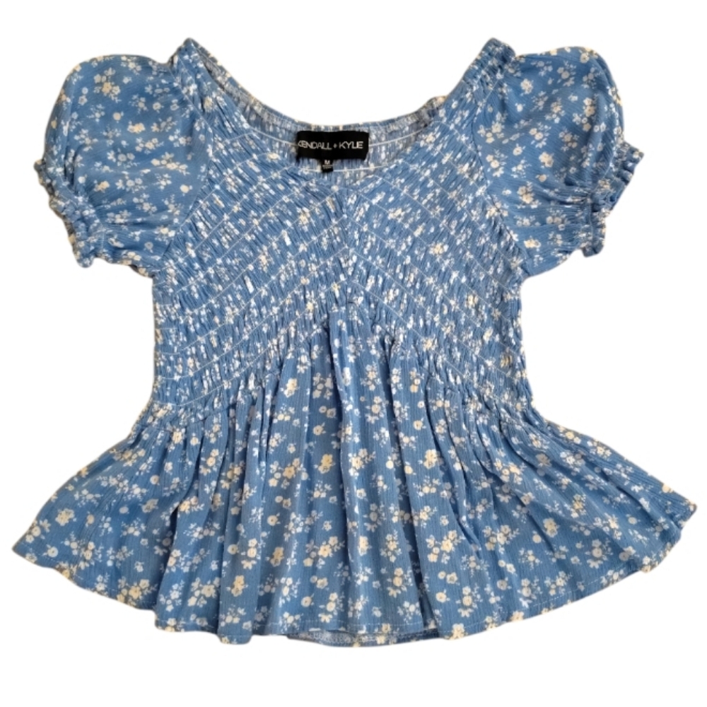 Kendall And Kiley Puff Sleeve Smocked Blouse Crop Babydoll Top Floral Blue M
